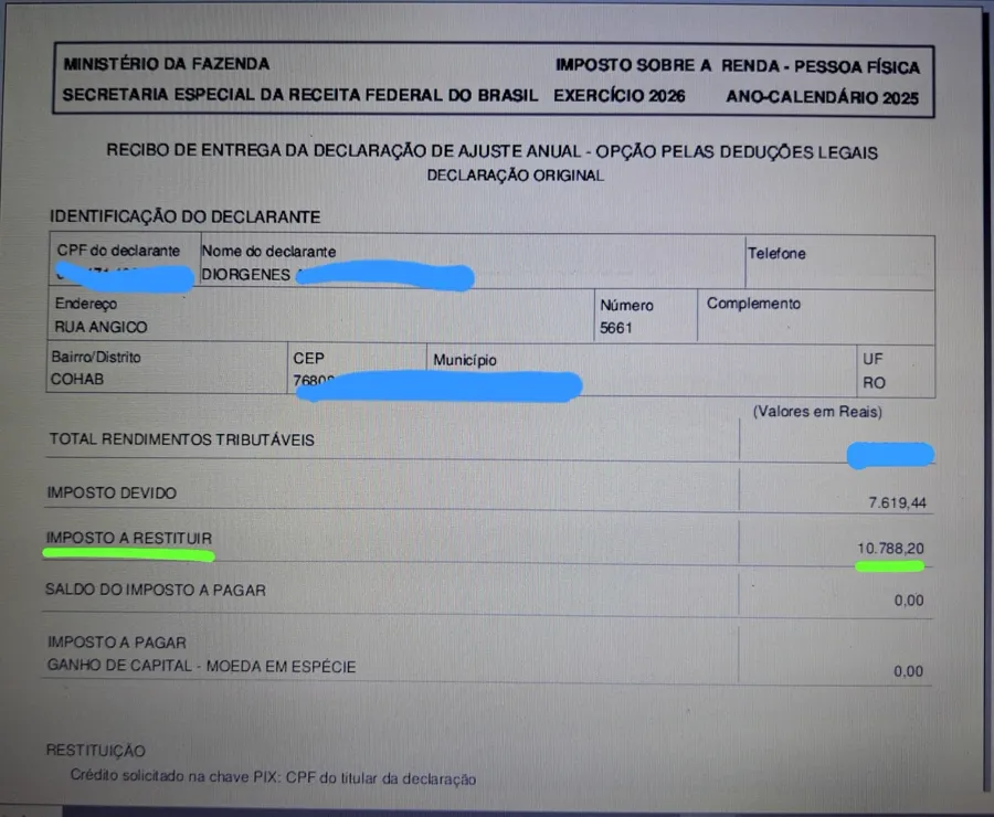 Recibo de entrega da declaração IRPF 2026 de Diorgenes com imposto a restituir de R$ 10.788,20 destacado