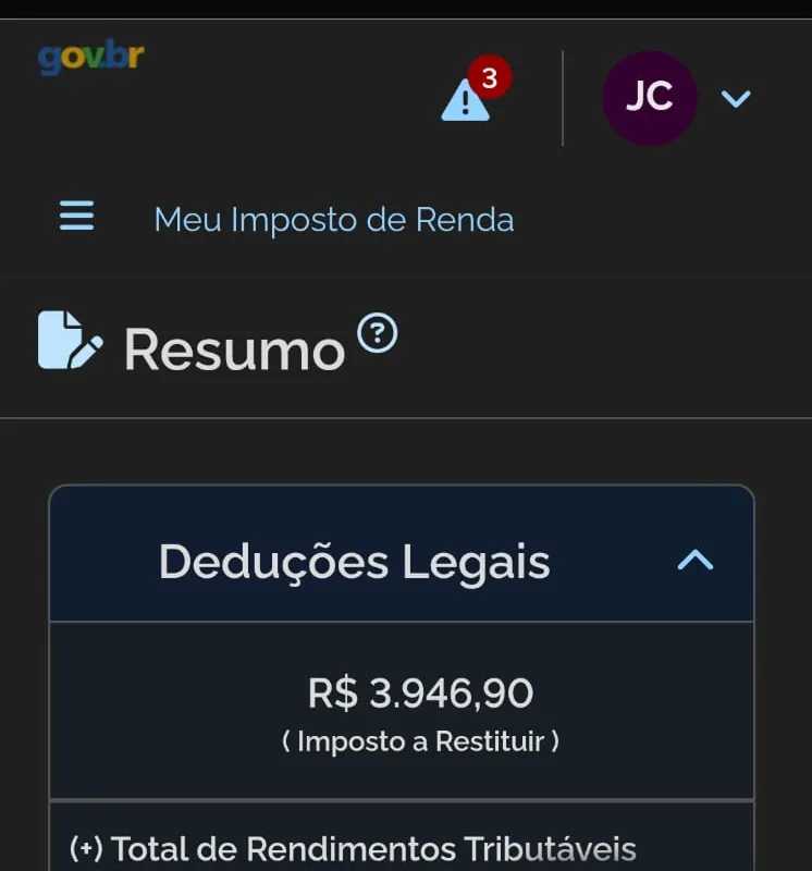 Resumo da declaração no Meu Imposto de Renda: com deduções legais, R$ 3.946,90 de imposto a restituir