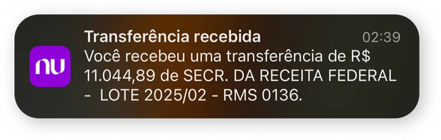 Notificação de transferência recebida da Secretaria da Receita Federal no valor de R$ 11.044,89